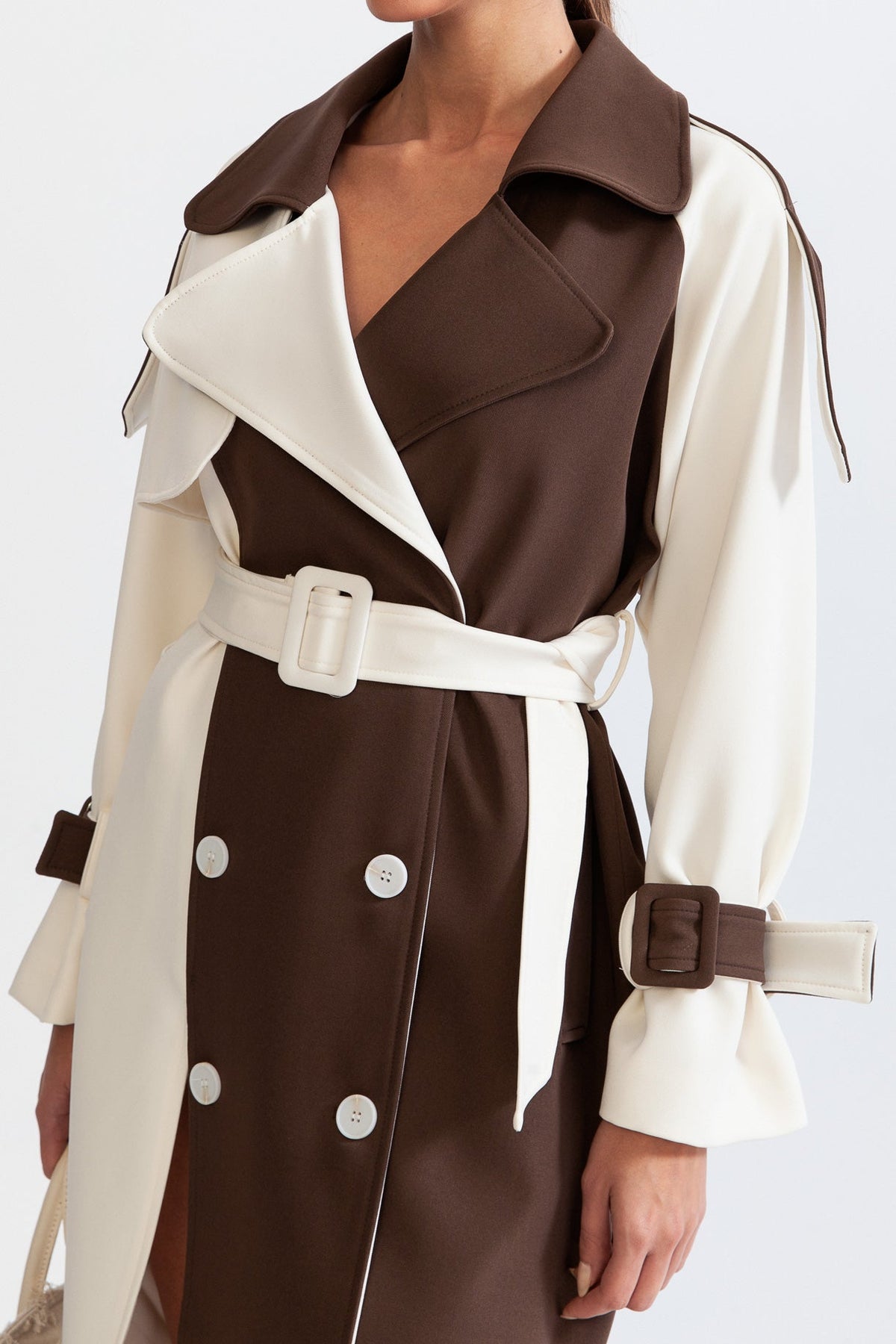 Two-Tone Double-Breasted Belted Trench Coat – Cream & Brown – view 6