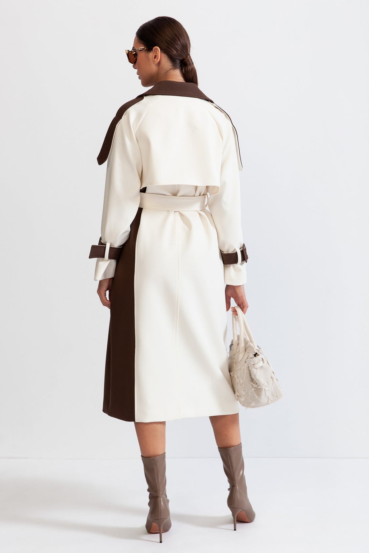 Two-Tone Double-Breasted Belted Trench Coat – Cream & Brown