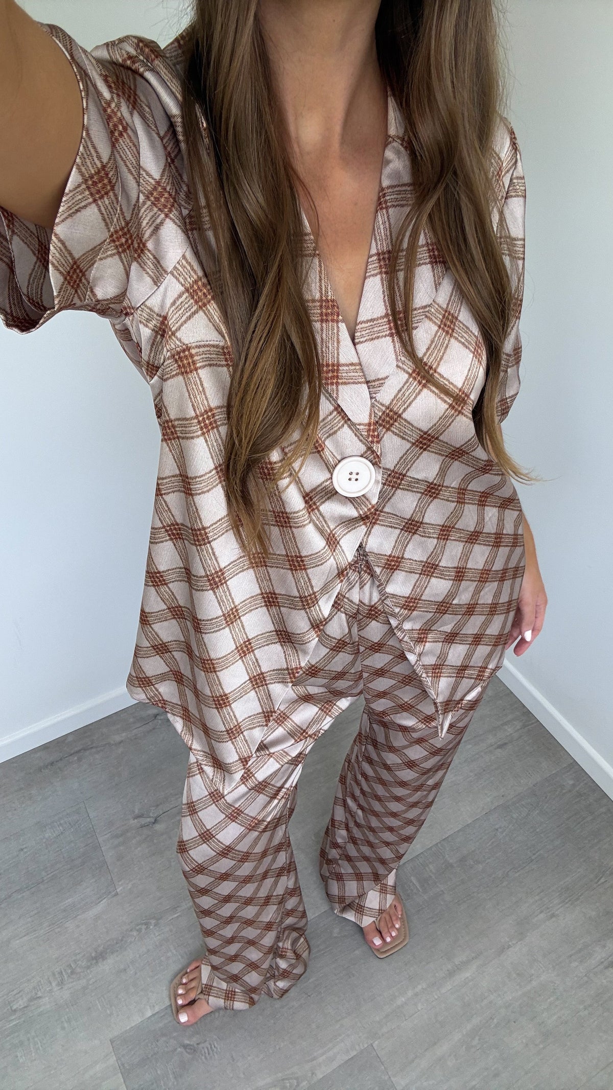 Imogen Boxy Oversized Collared Short Sleeve Shirt – Brown Plaid – view 1