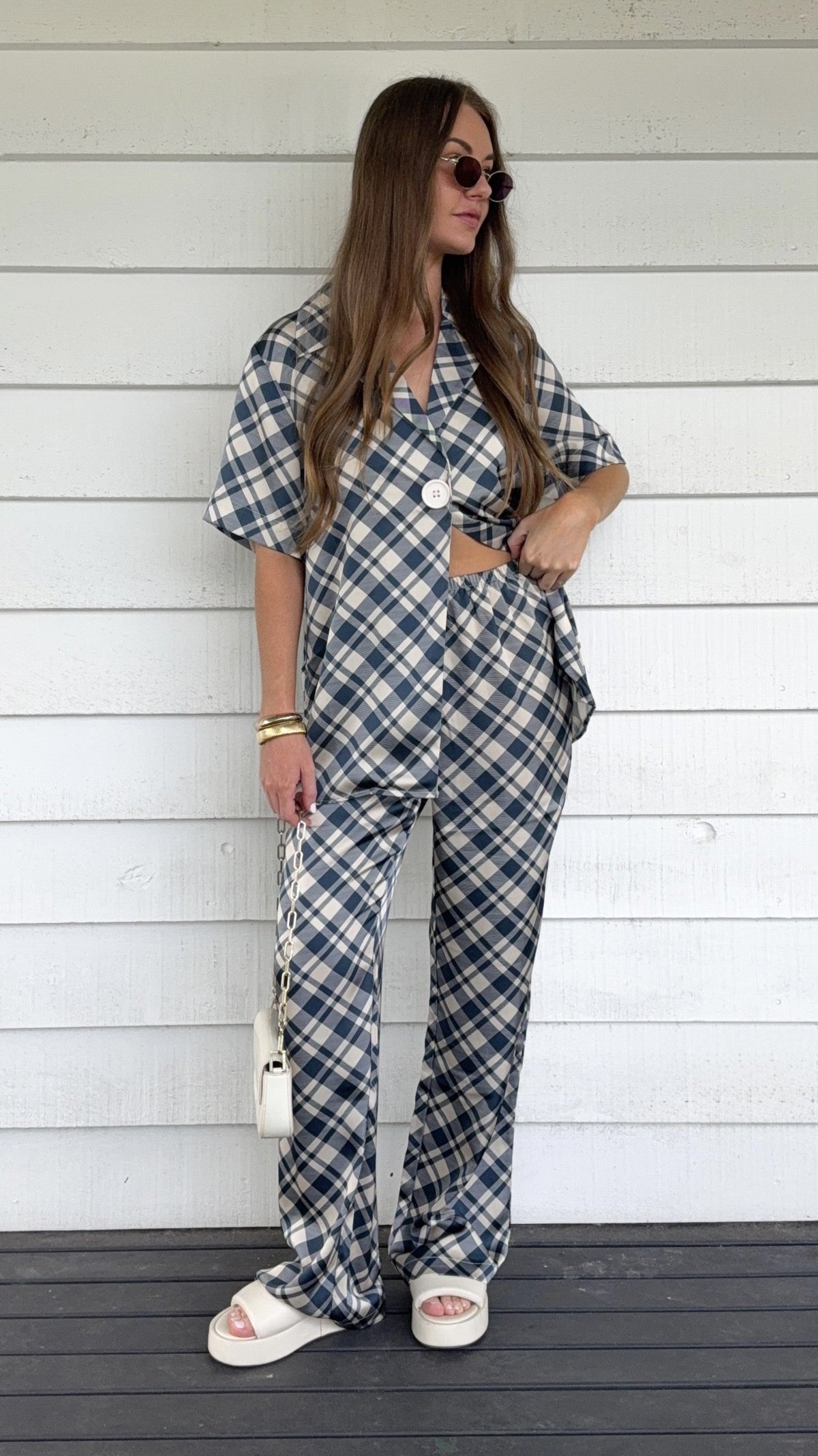 Imogen High Rise Wide Leg Elasticated Waist Trousers – Blue/Cream Plaid – view 4