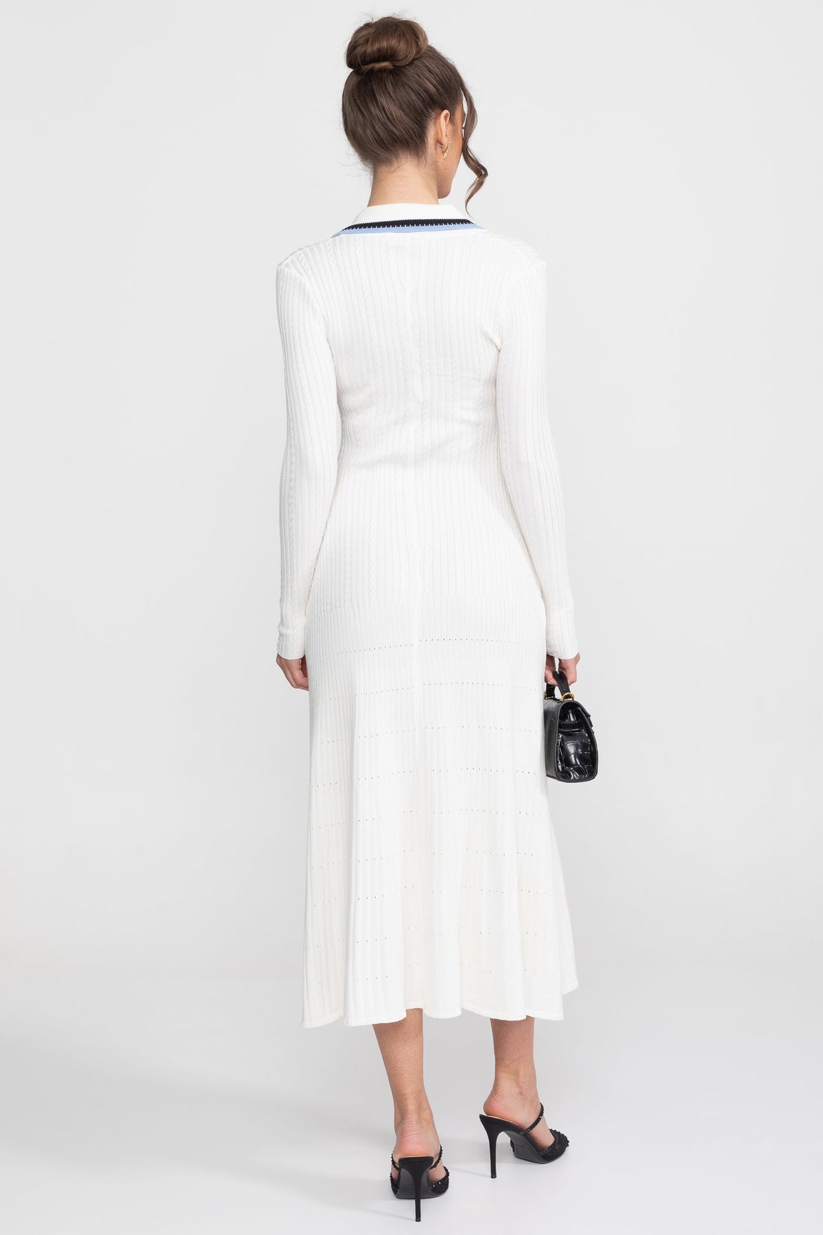 Ribbed Knit Polo Collar Long Sleeve Midi Dress with Monogram Pocket – White – view 7