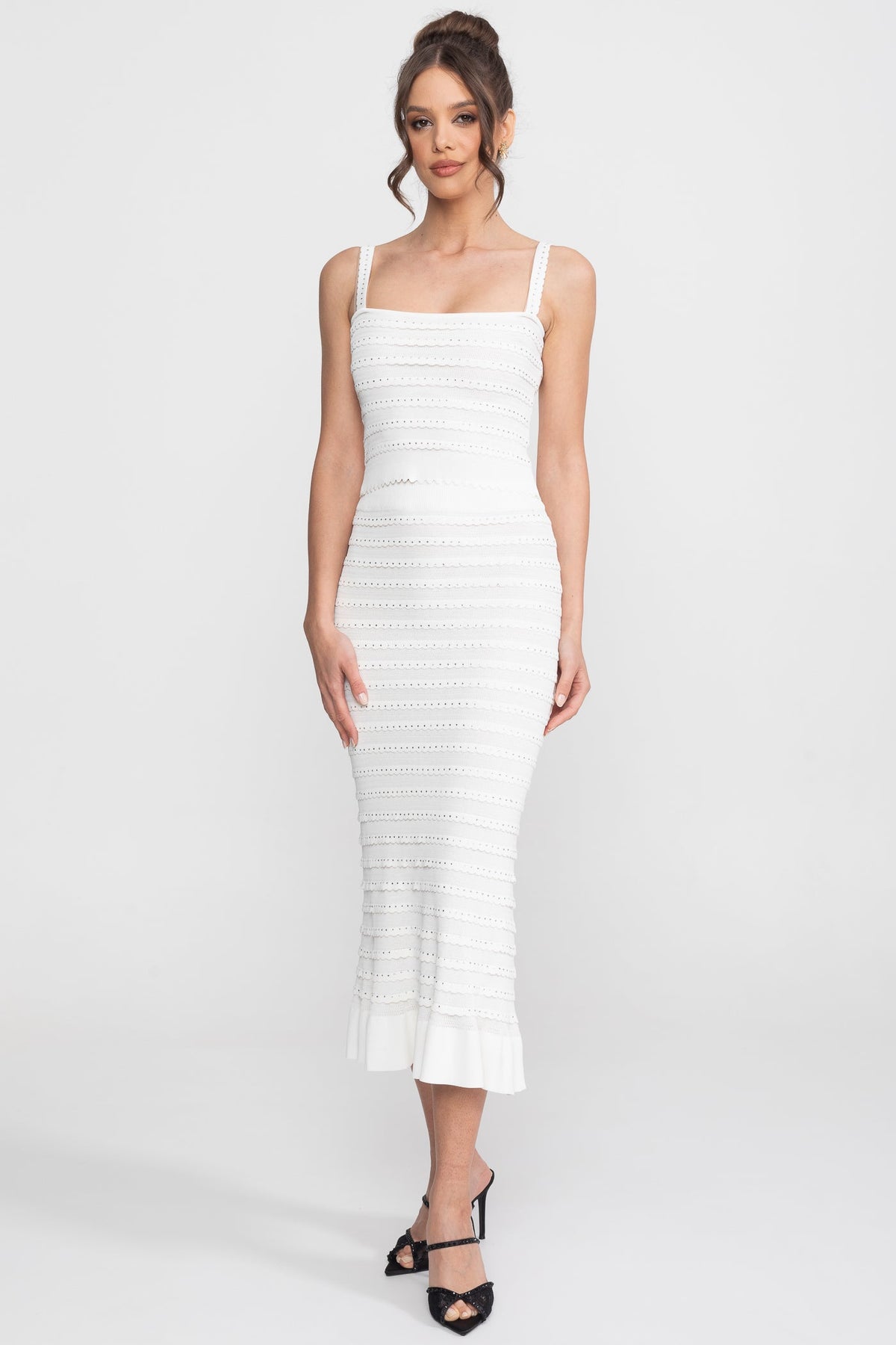 Bouclé Knit Puff Sleeve Blazer, Top and Midi Skirt Three-Piece Set – White – view 9