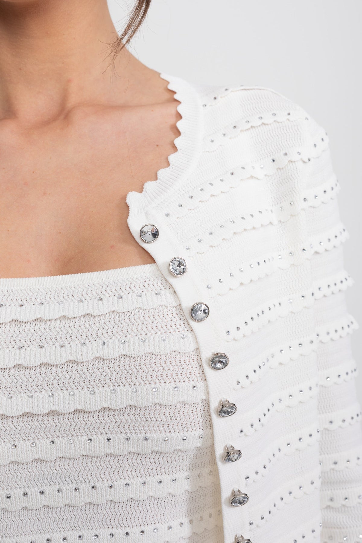 Bouclé Knit Puff Sleeve Blazer, Top and Midi Skirt Three-Piece Set – White – view 5