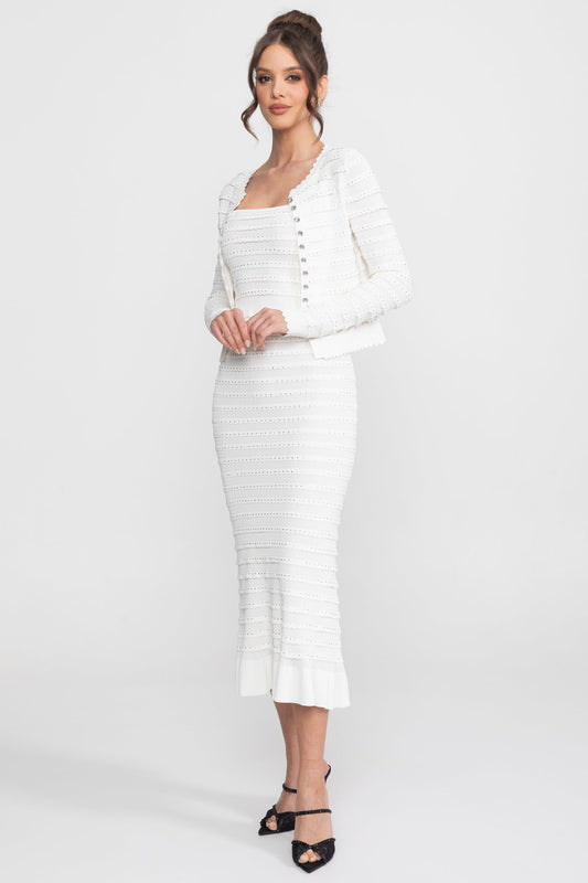 Bouclé Knit Puff Sleeve Blazer, Top and Midi Skirt Three-Piece Set – White – view 2