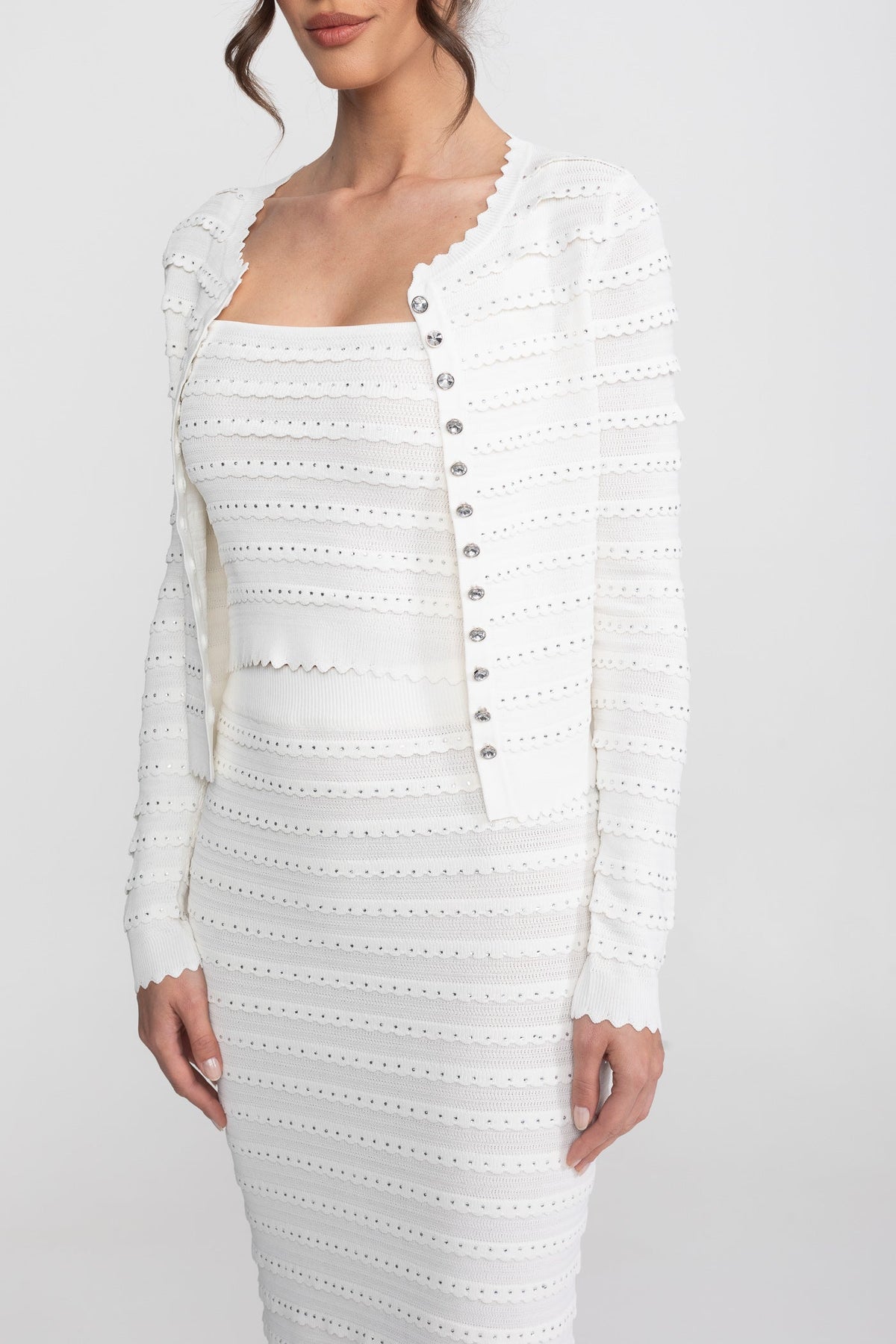 Bouclé Knit Puff Sleeve Blazer, Top and Midi Skirt Three-Piece Set – White – view 3