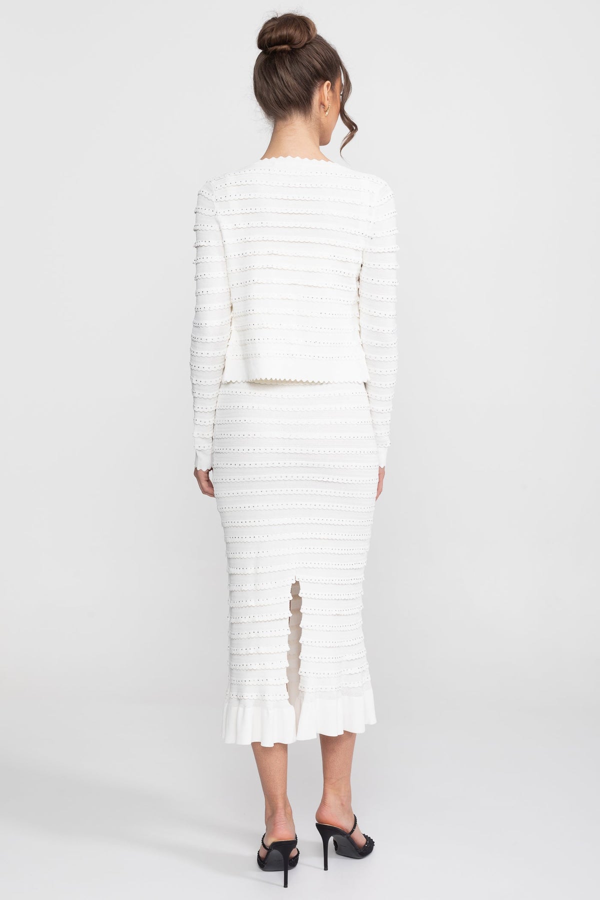 Bouclé Knit Puff Sleeve Blazer, Top and Midi Skirt Three-Piece Set – White – view 4