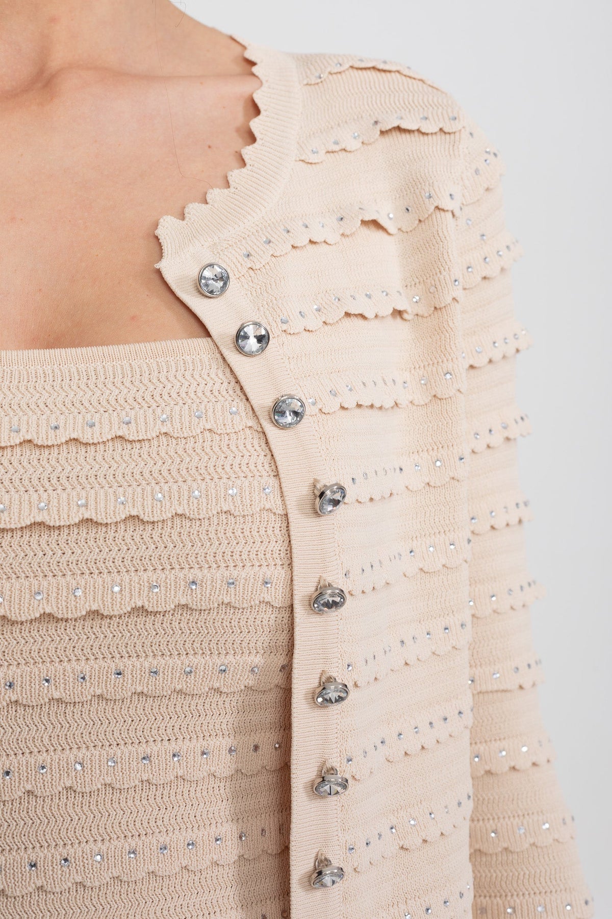 Bouclé Knit Puff Sleeve Blazer, Top and Midi Skirt Three-Piece Set – Beige – view 9