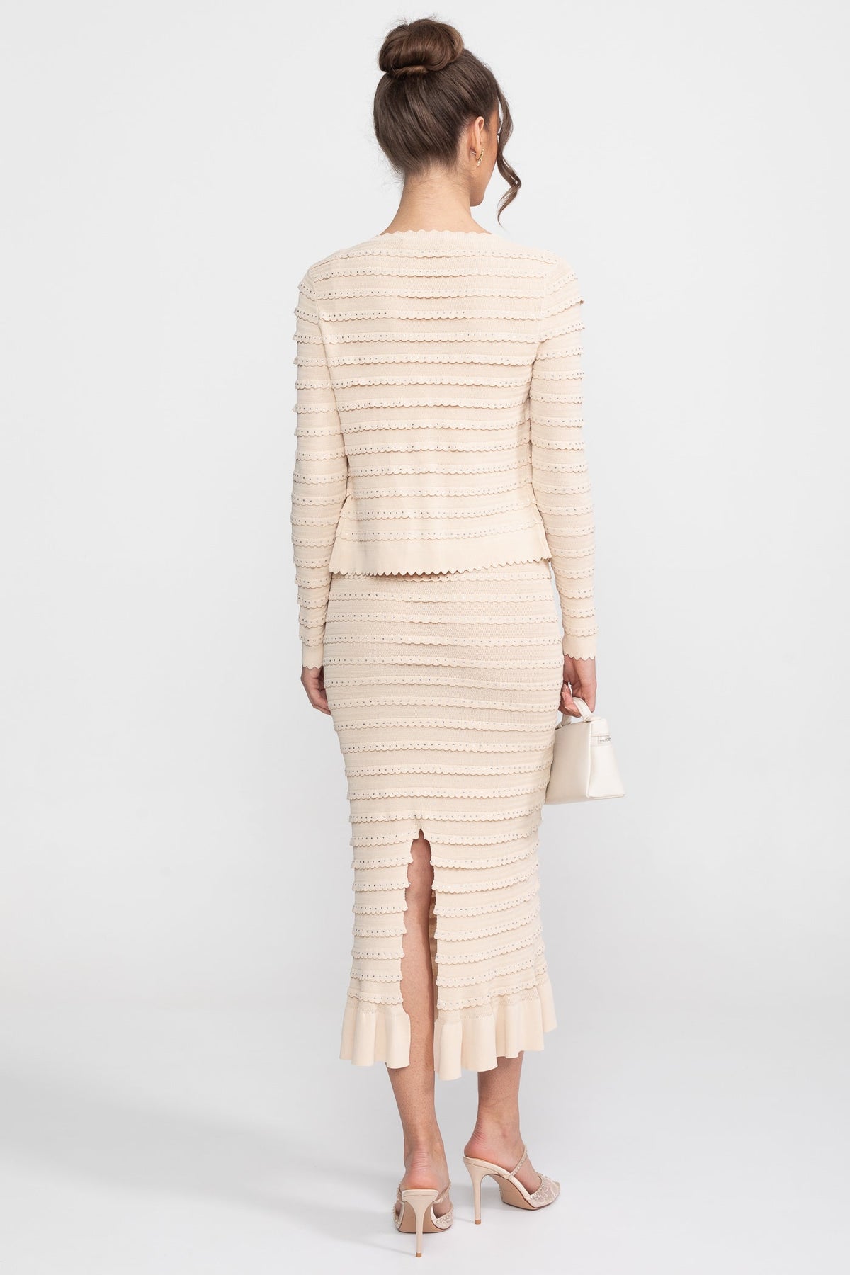Bouclé Knit Puff Sleeve Blazer, Top and Midi Skirt Three-Piece Set – Beige – view 11