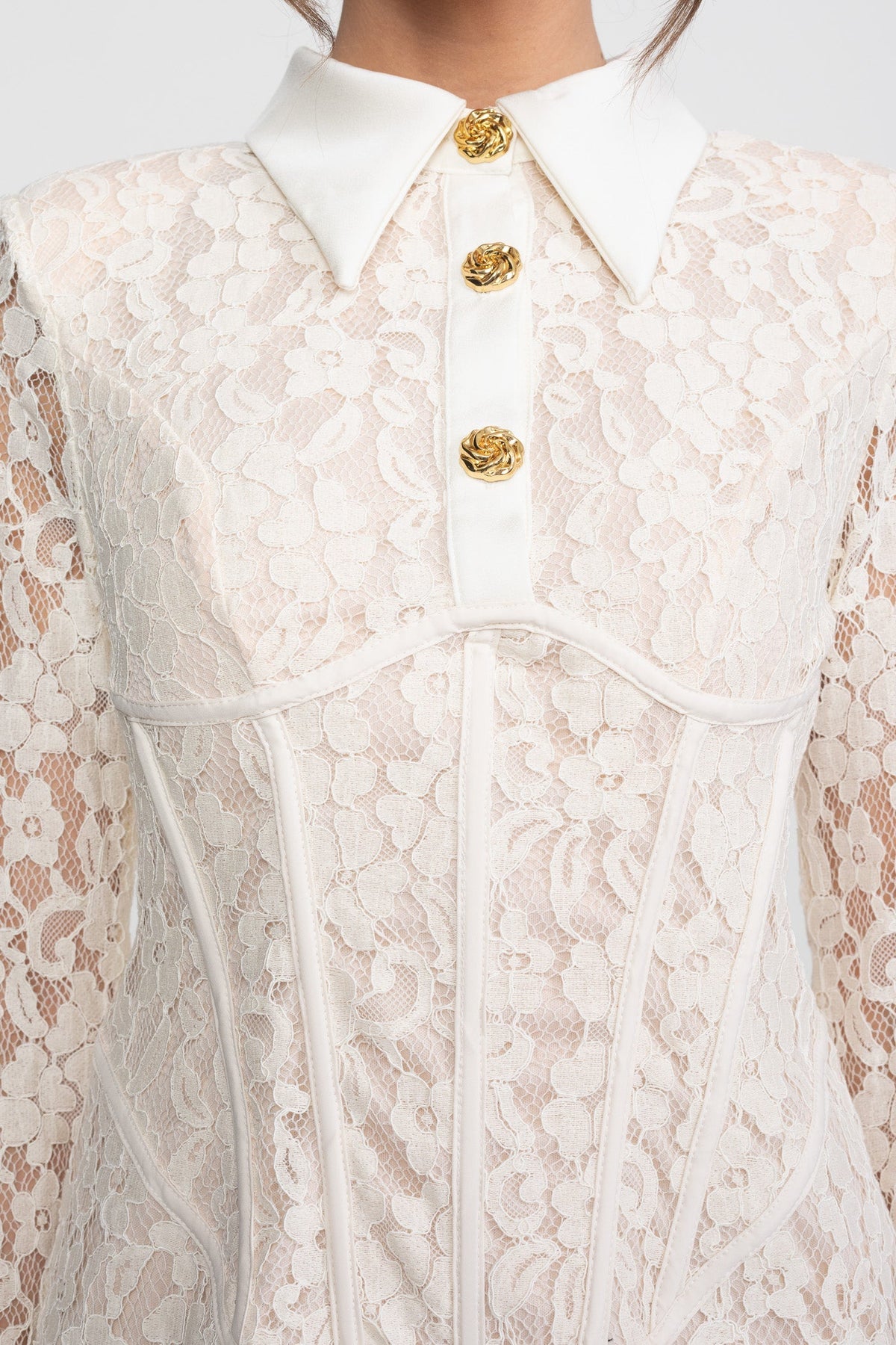 Long Sleeve Stretch Lace Mini Dress with Gold Buttons and Scallop Hem – Ivory – view 6