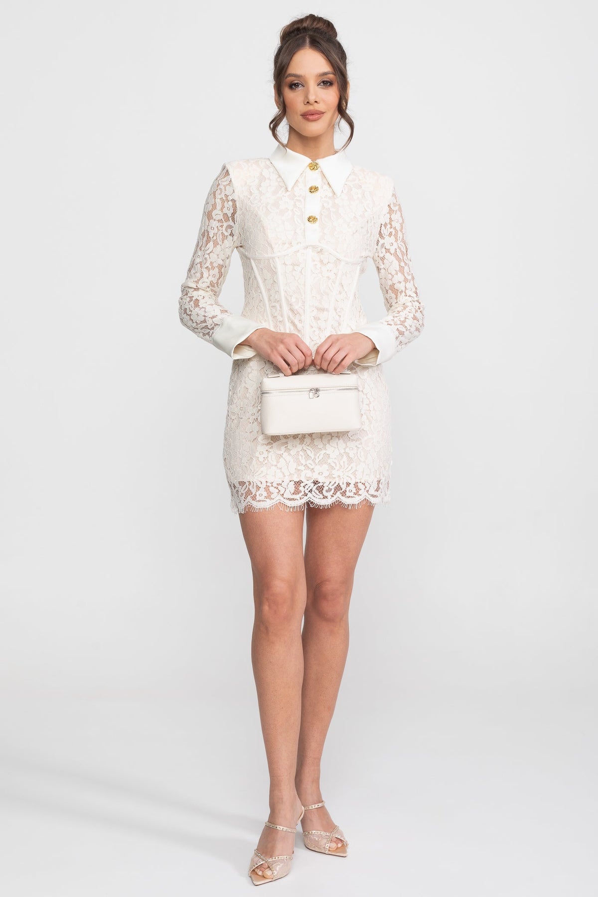 Long Sleeve Stretch Lace Mini Dress with Gold Buttons and Scallop Hem – Ivory – view 5