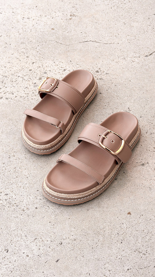 Tabitha Platform Slides with Rope Detail and Buckle Strap – Light Cashew
