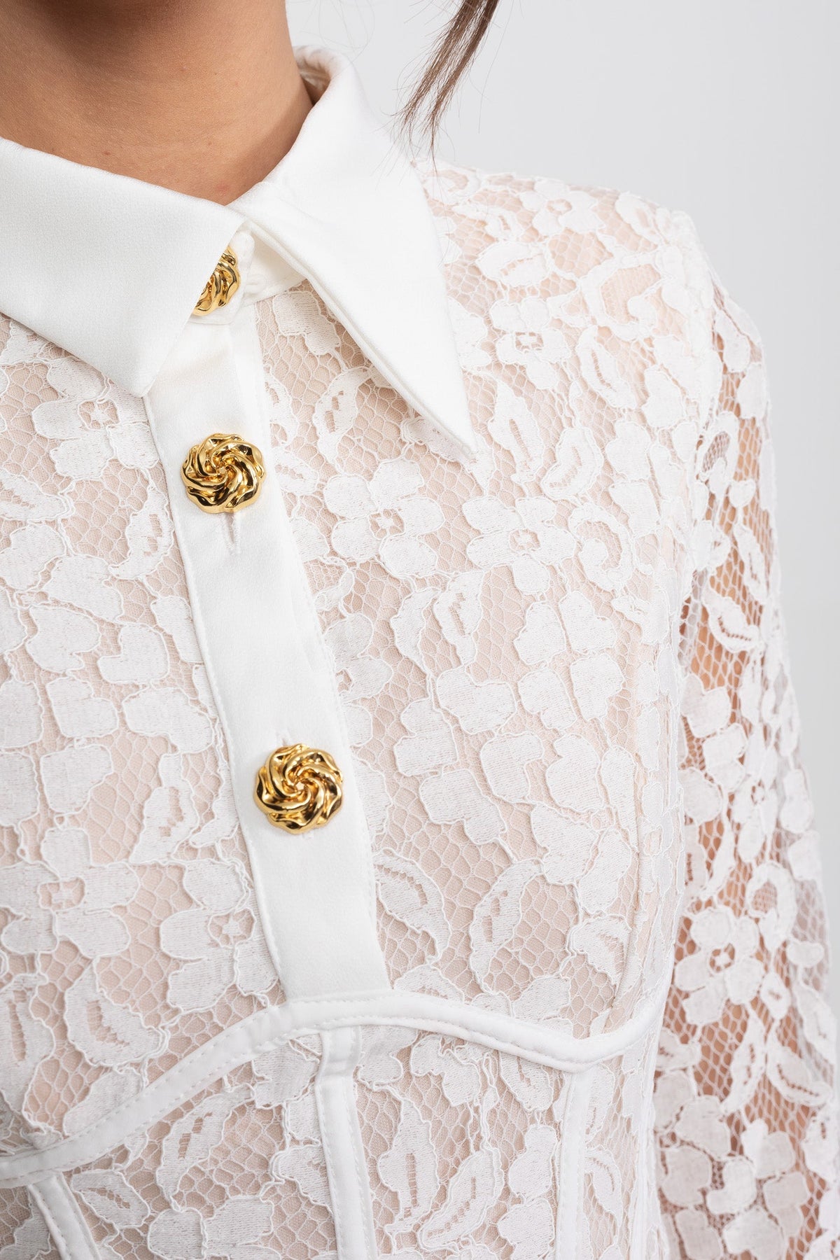Long Sleeve Stretch Lace Mini Dress with Gold Buttons and Scallop Hem – White