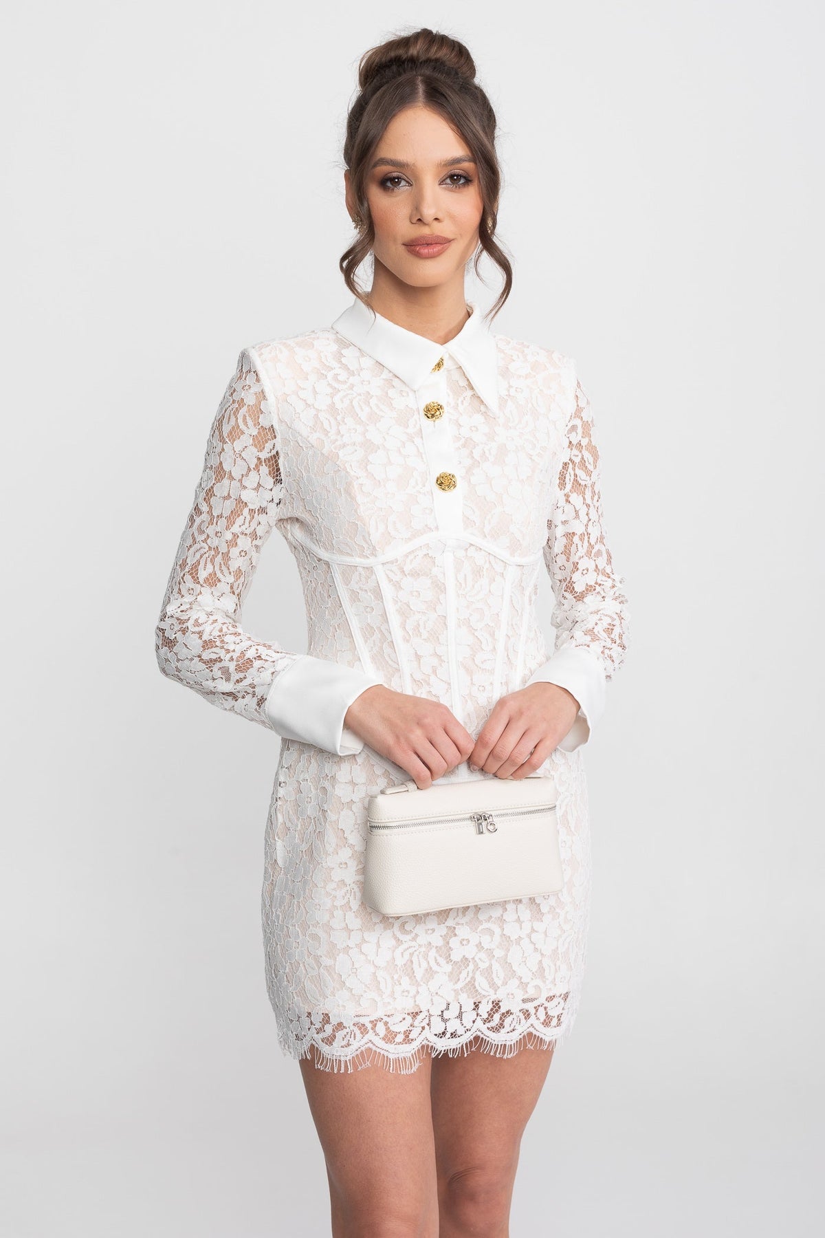 Long Sleeve Stretch Lace Mini Dress with Gold Buttons and Scallop Hem – White – view 3