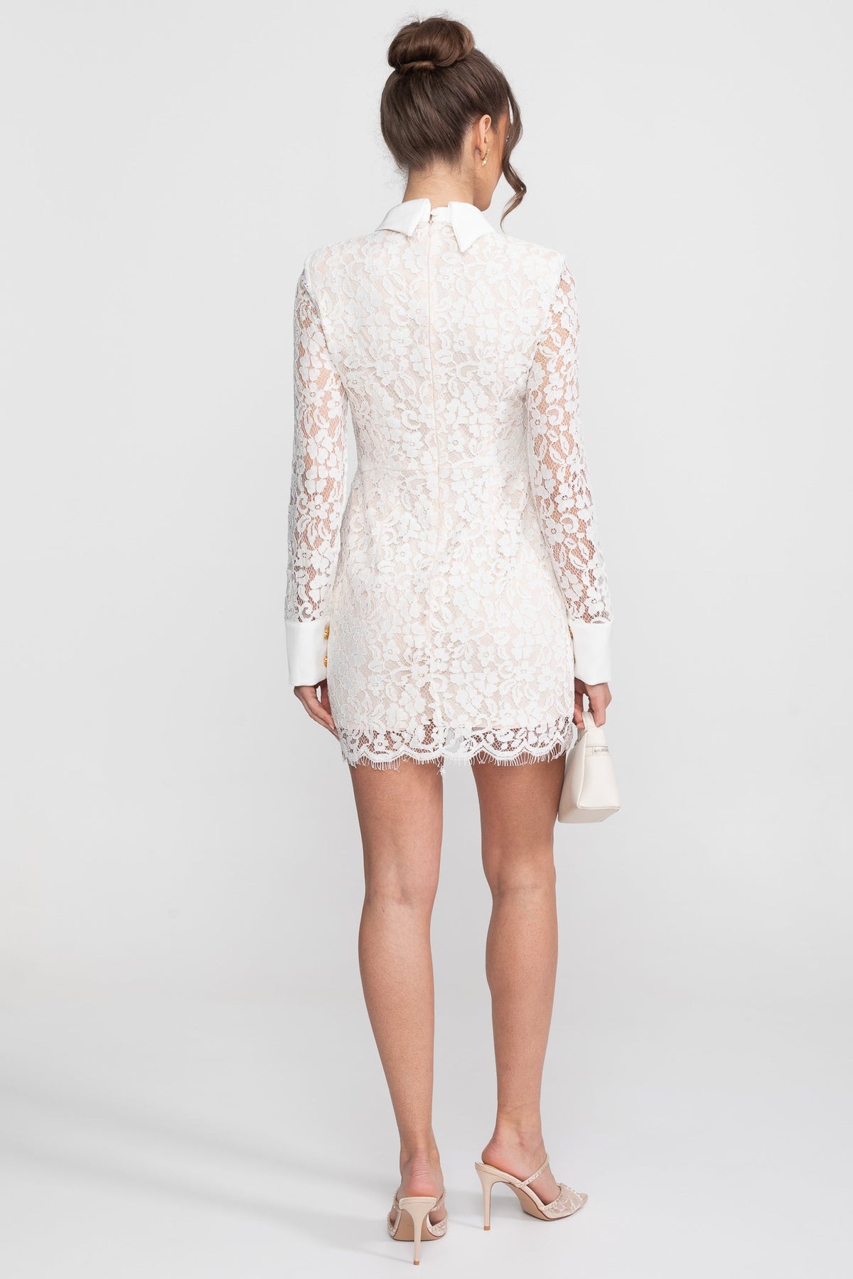 Long Sleeve Stretch Lace Mini Dress with Gold Buttons and Scallop Hem – White