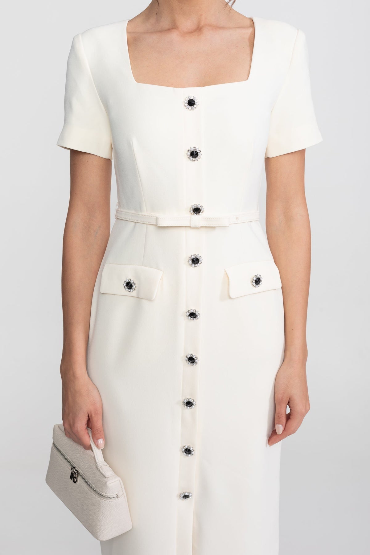 Square Neck Button-Through Crepe Midi Dress with Jewel Buttons – White
