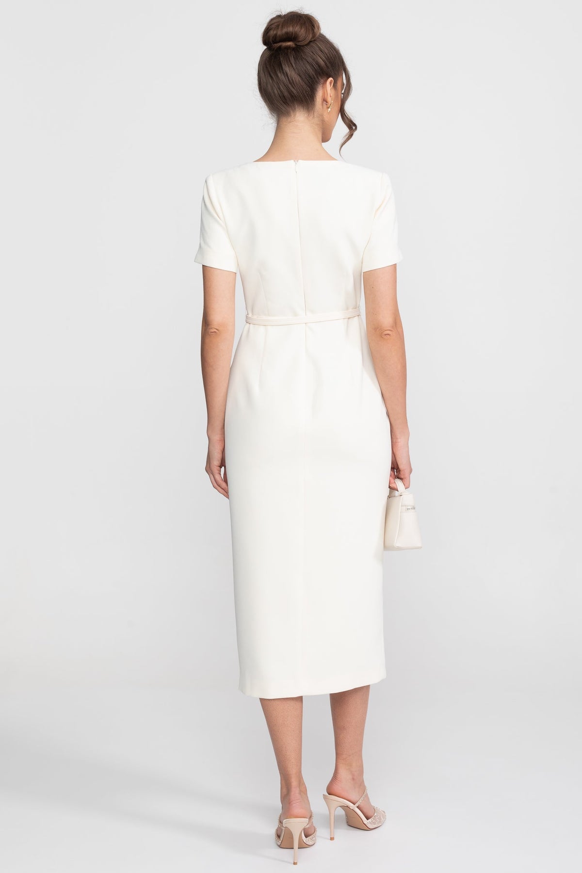 Square Neck Button-Through Crepe Midi Dress with Jewel Buttons – White – view 8