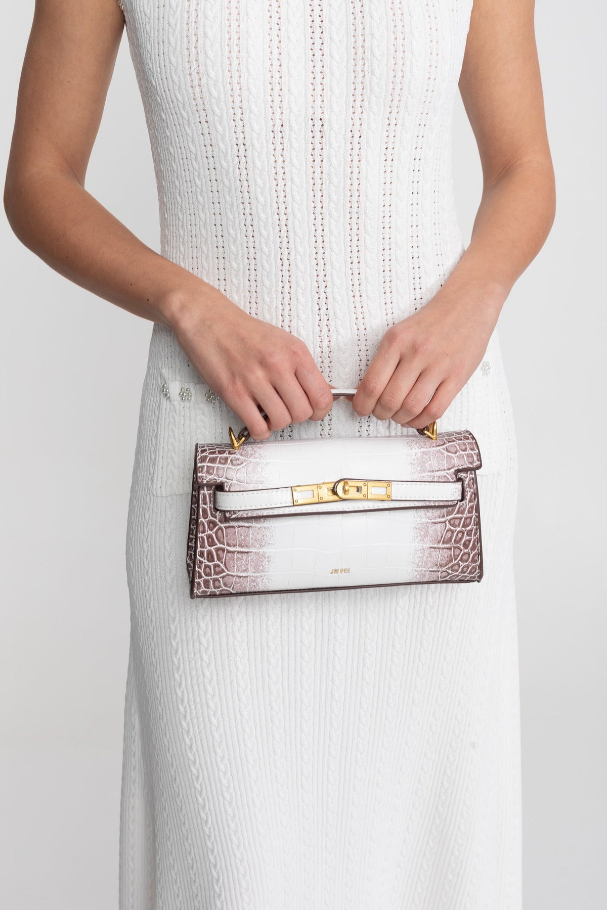 Structured Croc-Embossed Cowhide Leather Mini Top Handle Bag – Off-White