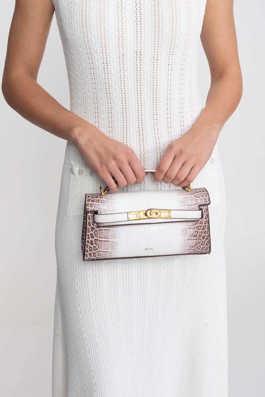 Structured Croc-Embossed Cowhide Leather Mini Top Handle Bag – Off-White