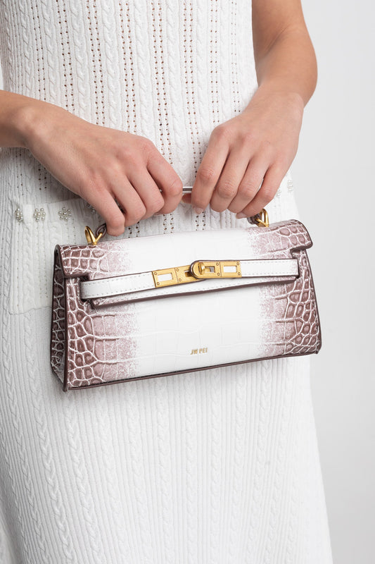Structured Croc-Embossed Cowhide Leather Mini Top Handle Bag – Off-White – view 2