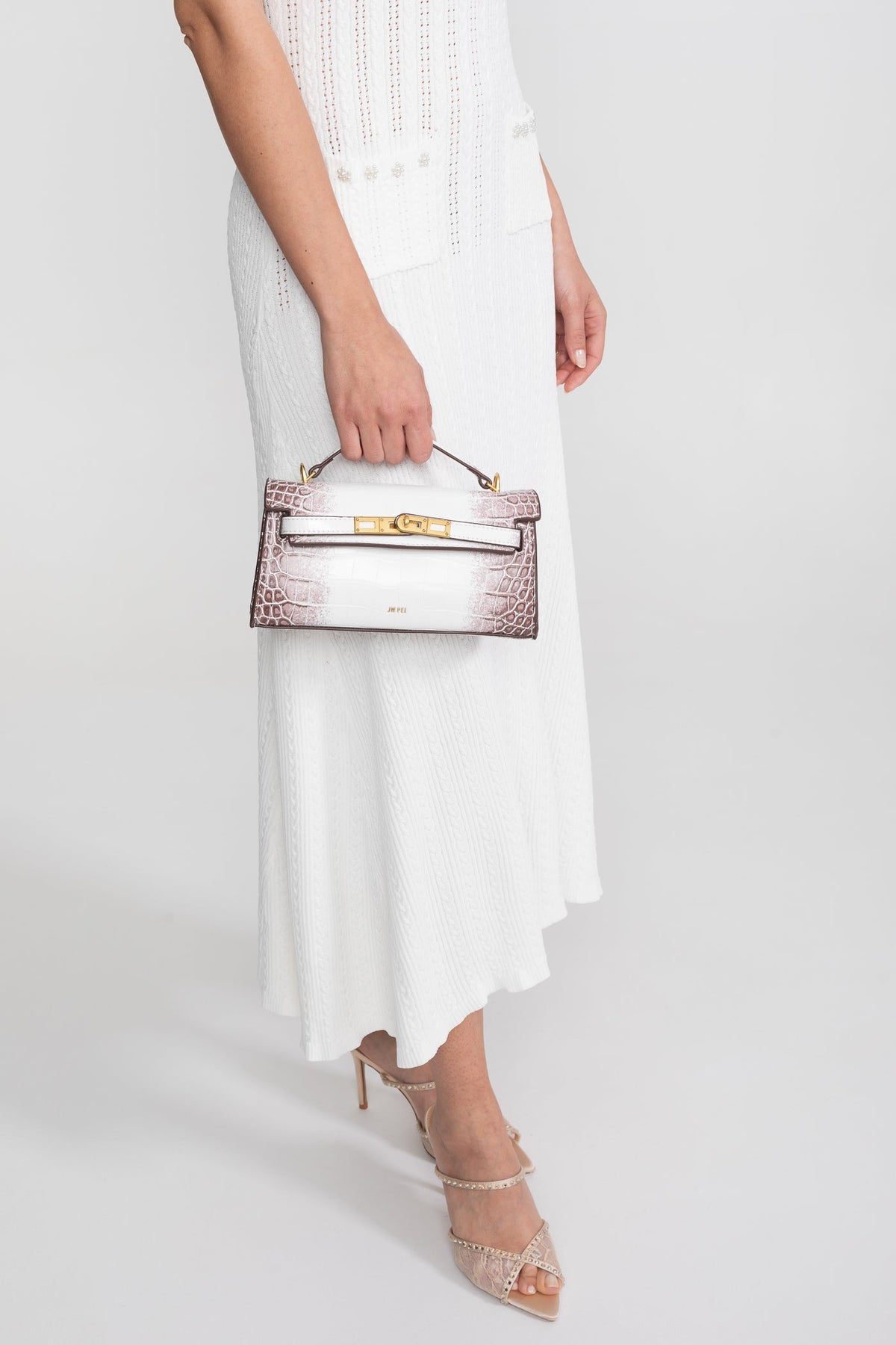 Structured Croc-Embossed Cowhide Leather Mini Top Handle Bag – Off-White – view 3