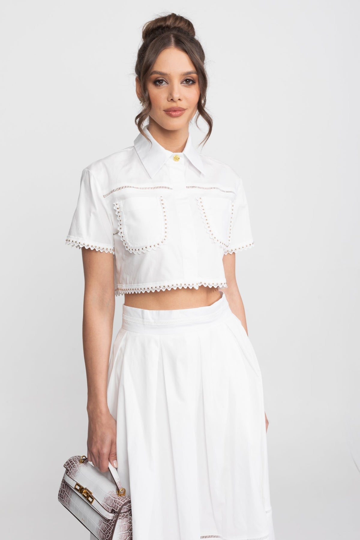 Broderie Trim Cropped Shirt and A-Line Midi Skirt Co-ord Set – White – view 4