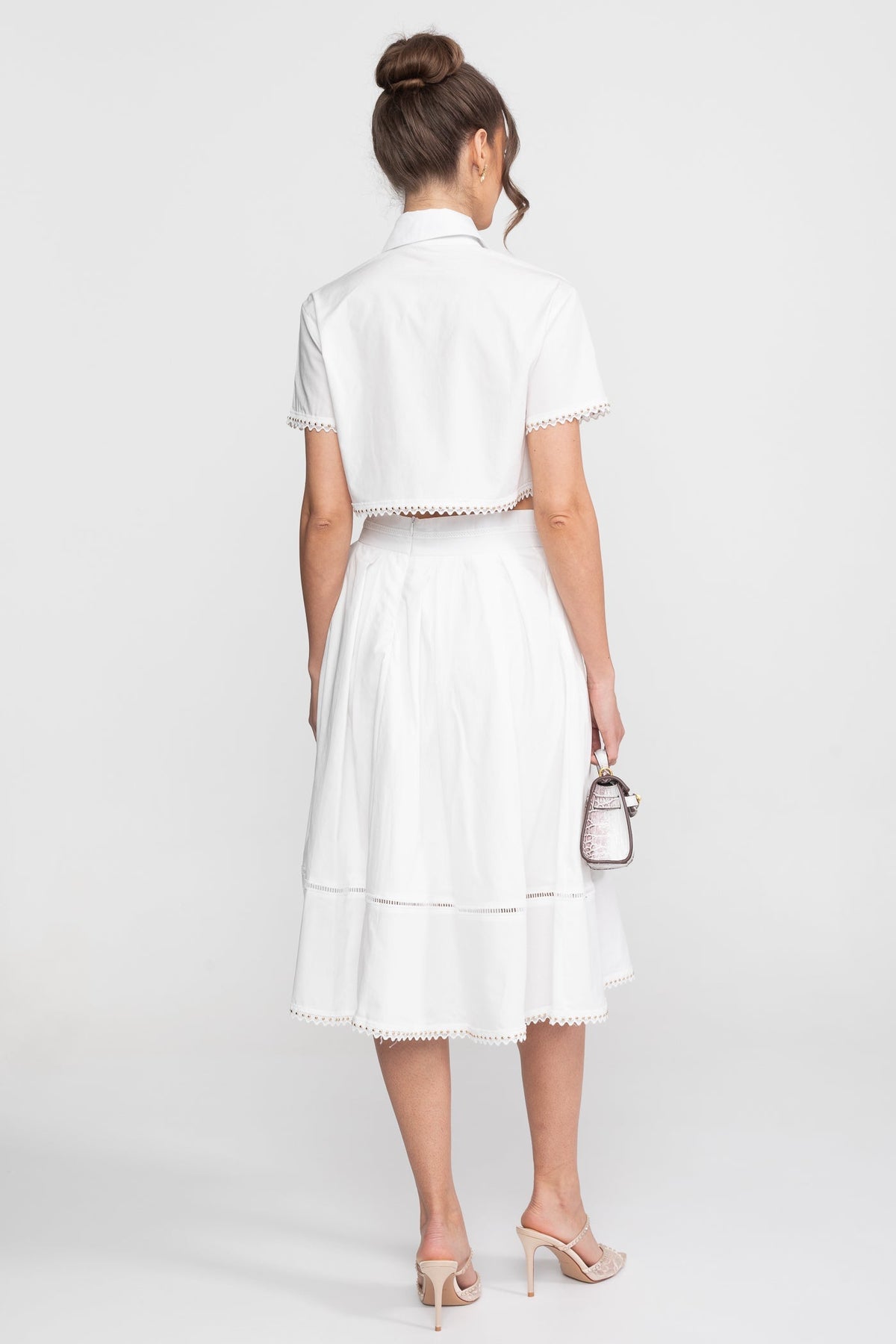 Broderie Trim Cropped Shirt and A-Line Midi Skirt Co-ord Set – White
