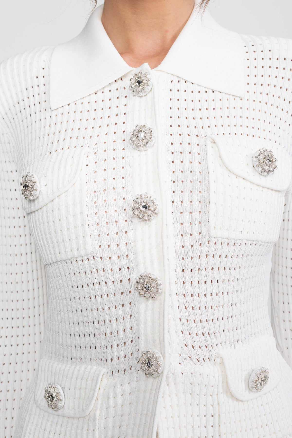 Open-Knit Polo Collar Button-Through Dress with Pleated Midi Skirt – White – view 6