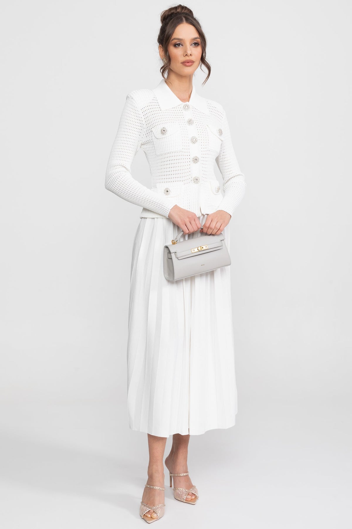 Open-Knit Polo Collar Button-Through Dress with Pleated Midi Skirt – White – view 3