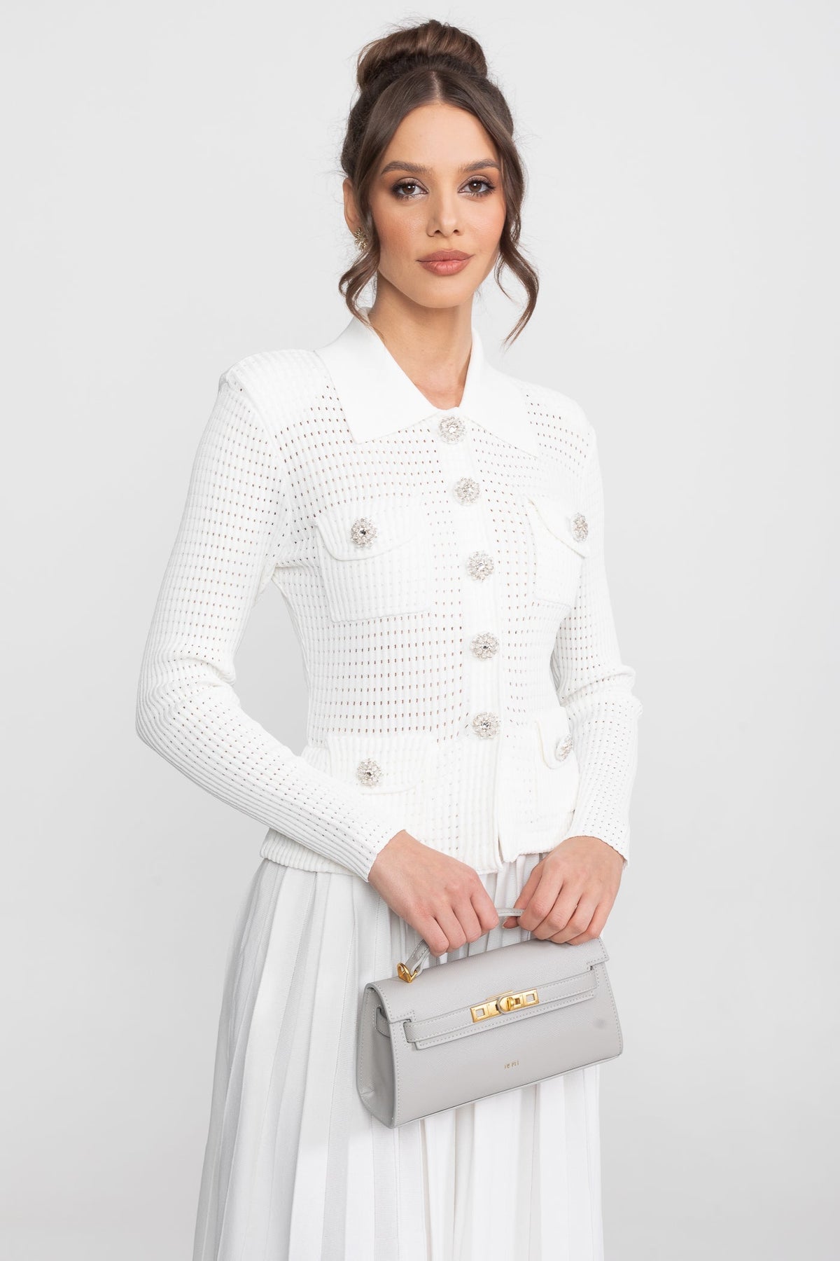 Open-Knit Polo Collar Button-Through Dress with Pleated Midi Skirt – White – view 4