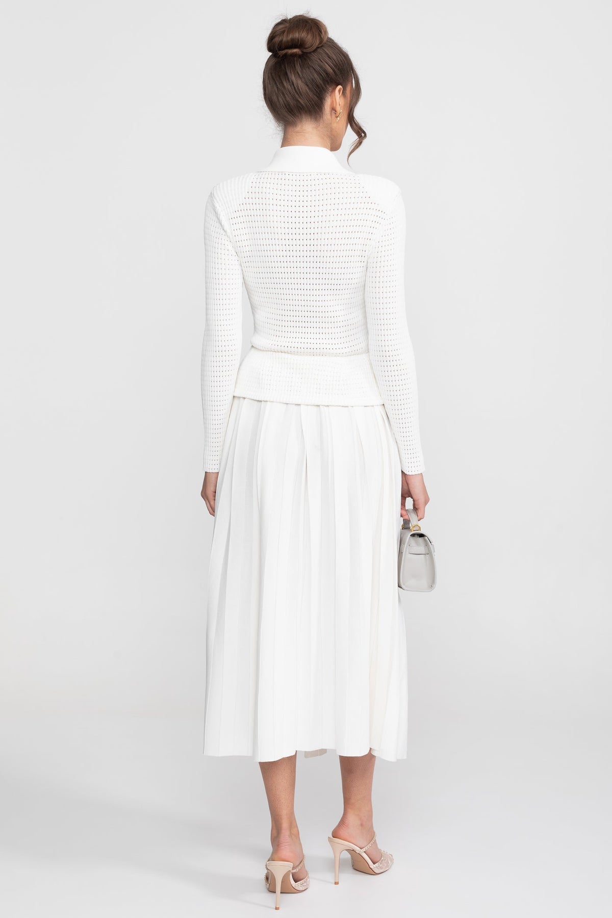 Open-Knit Polo Collar Button-Through Dress with Pleated Midi Skirt – White – view 7