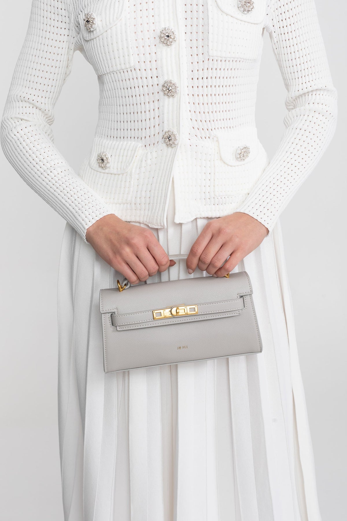 Structured Textured Cowhide Leather Mini Top Handle Bag – Light Grey