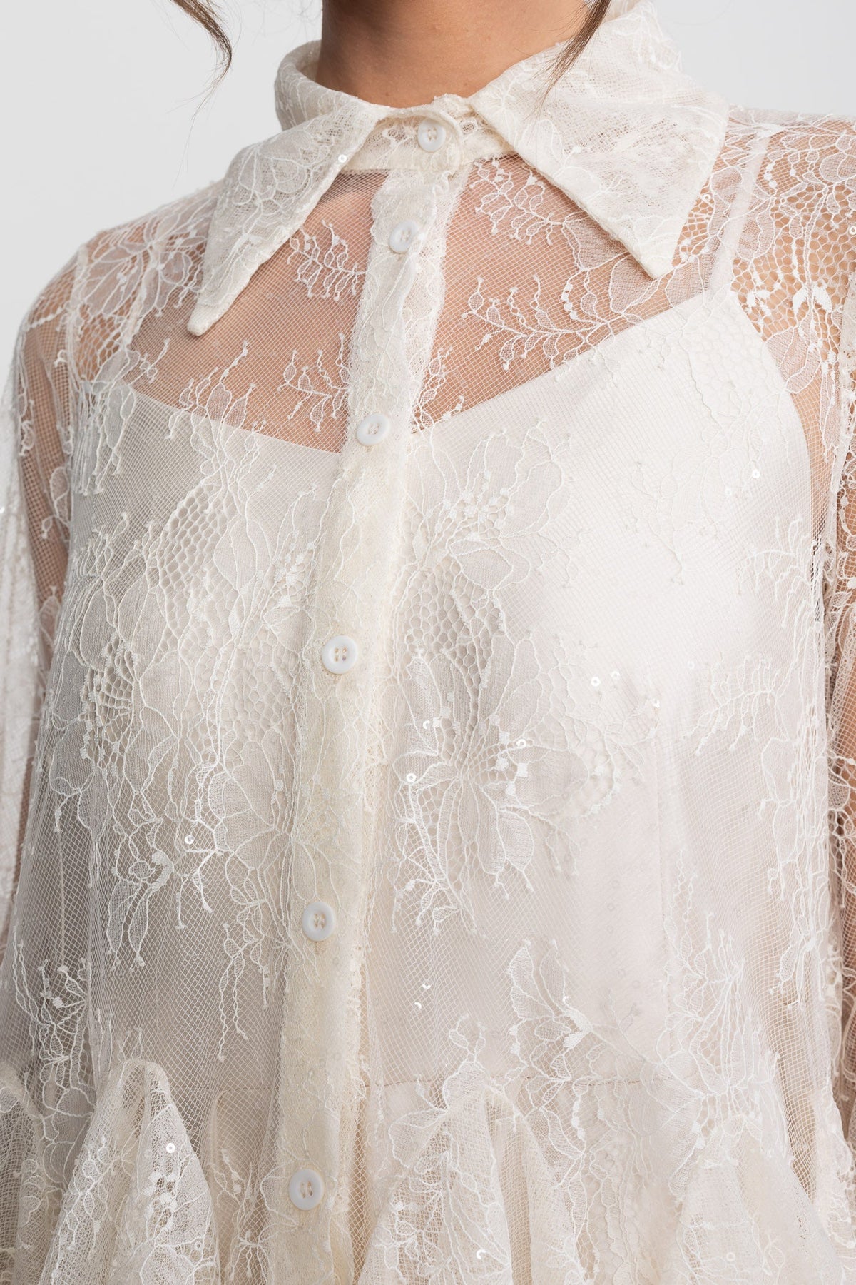 Sheer Lace Peplum Blouse and Satin Feel Maxi Skirt Set – Ivoire – view 8