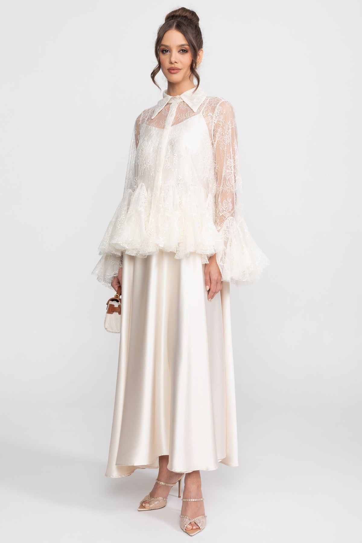Sheer Lace Peplum Blouse and Satin Feel Maxi Skirt Set – Ivoire – view 3