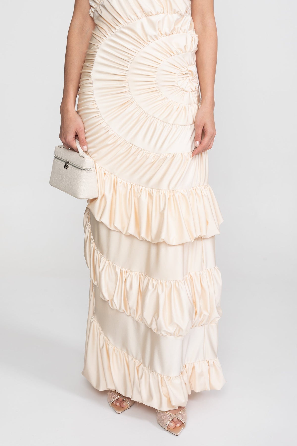 Halter Cowl Neck Fan-Pleated Maxi Dress with Tiered Ruffle Skirt – Ivory – view 10