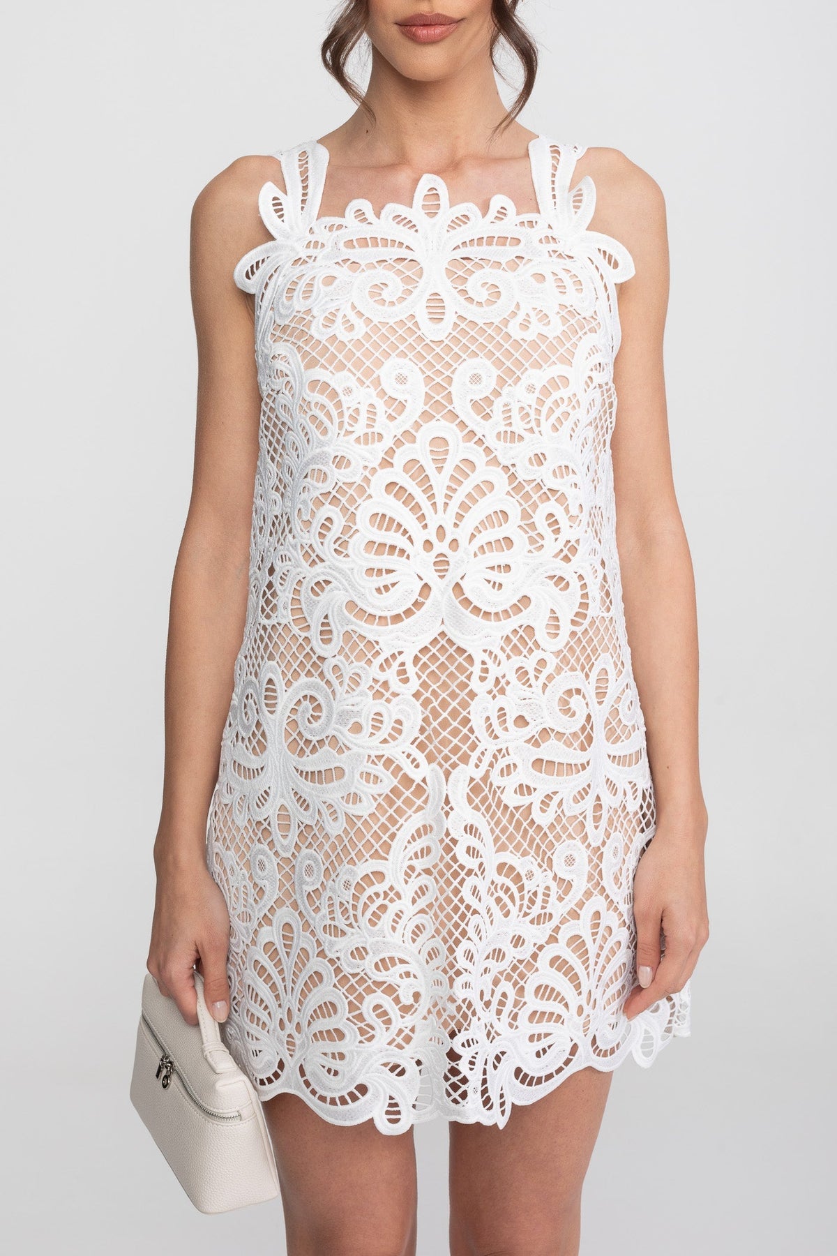Guipure Lace Square Neck Sleeveless A-Line Mini Dress – White – view 7