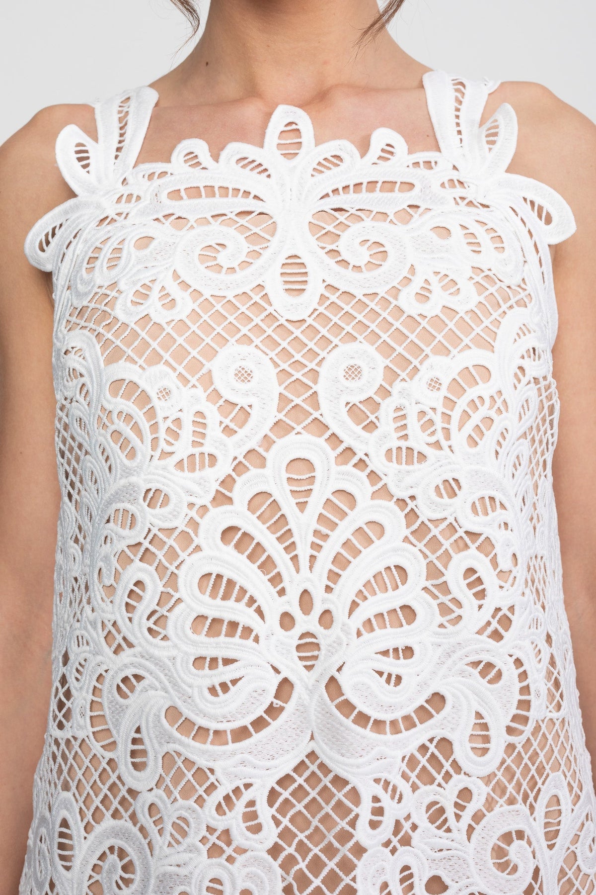 Guipure Lace Square Neck Sleeveless A-Line Mini Dress – White – view 10