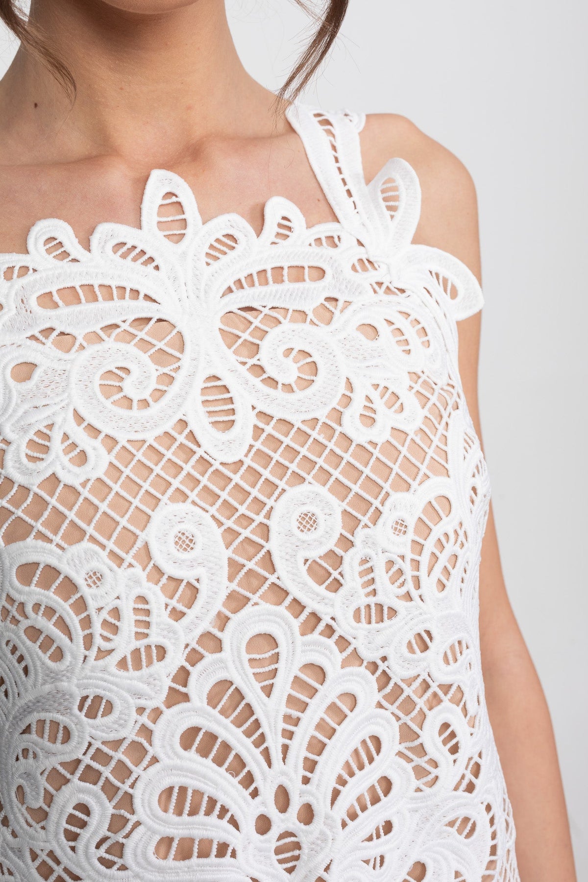 Guipure Lace Square Neck Sleeveless A-Line Mini Dress – White – view 11