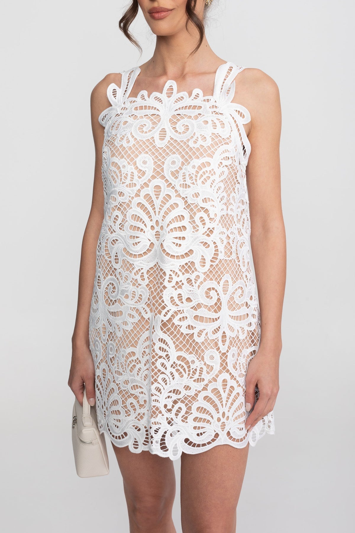 Guipure Lace Square Neck Sleeveless A-Line Mini Dress – White – view 8