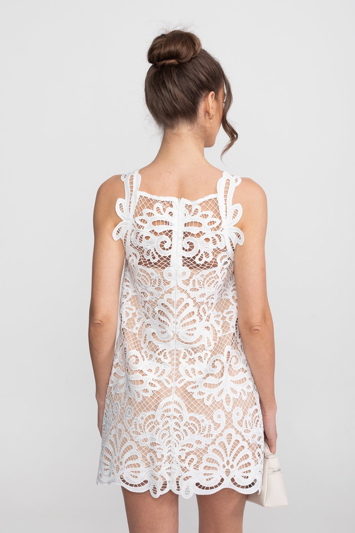 Guipure Lace Square Neck Sleeveless A-Line Mini Dress – White – view 12