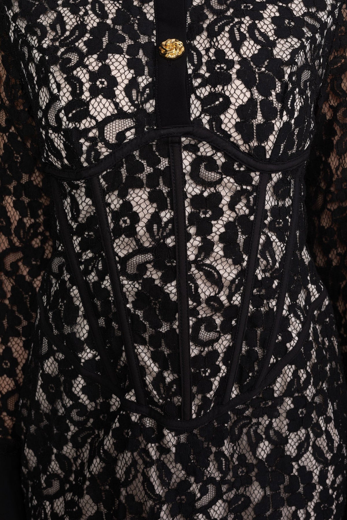 Long Sleeve Stretch Lace Mini Dress with Gold Buttons and Scallop Hem – Black
