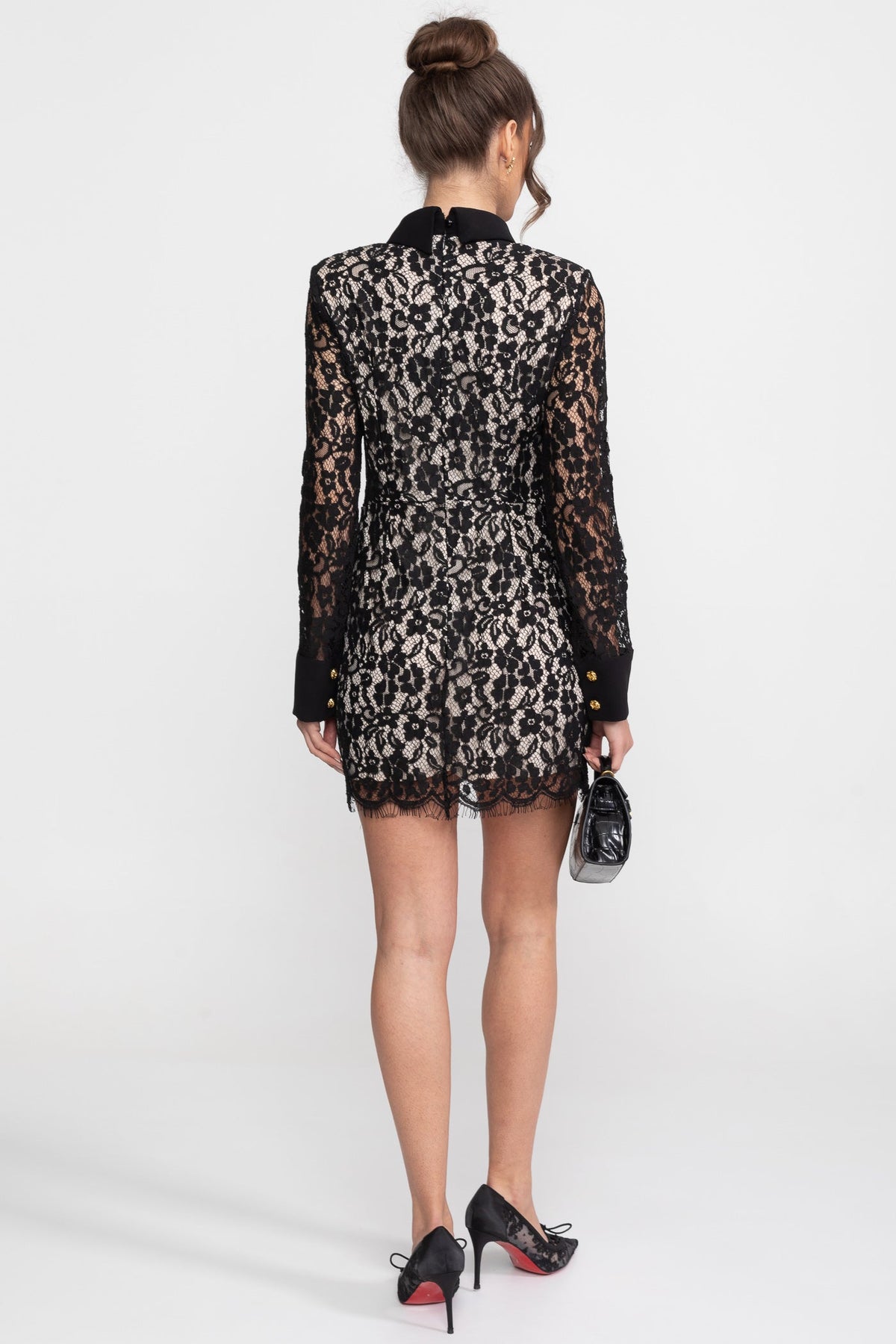 Long Sleeve Stretch Lace Mini Dress with Gold Buttons and Scallop Hem – Black
