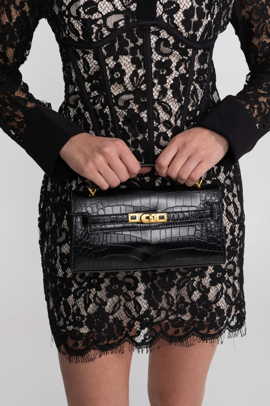 Structured Croc-Embossed Cowhide Leather Mini Top Handle Bag – Black
