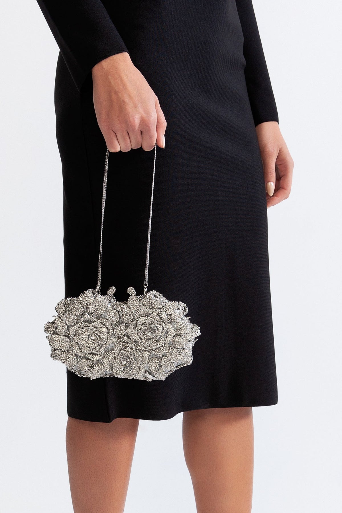 Crystal Embellished Clutch Bag with Chain Strap – Silver – view 2