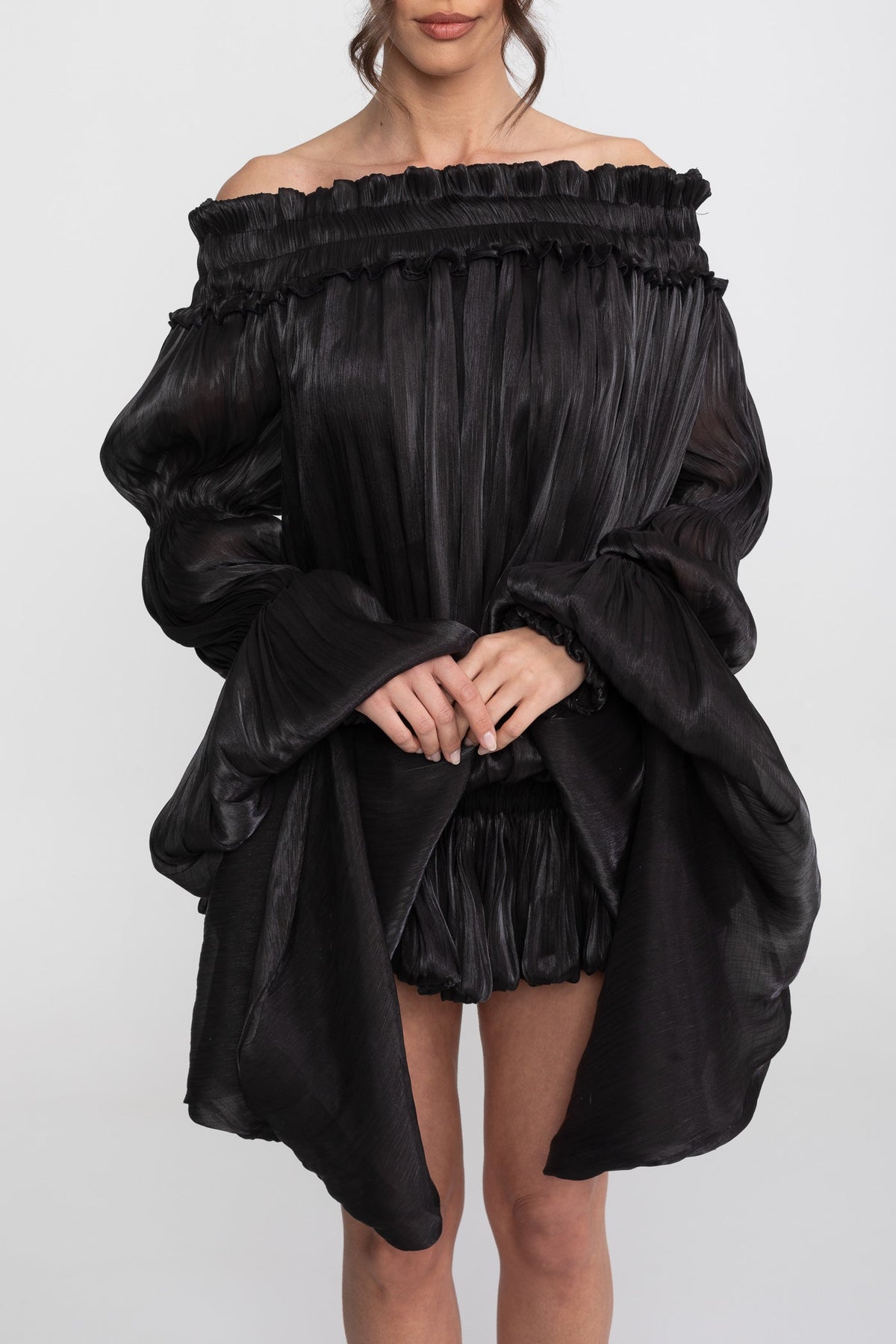 Off-Shoulder Corset Bodice Ruffle Mini Dress with Draped Sleeves – Black – view 6