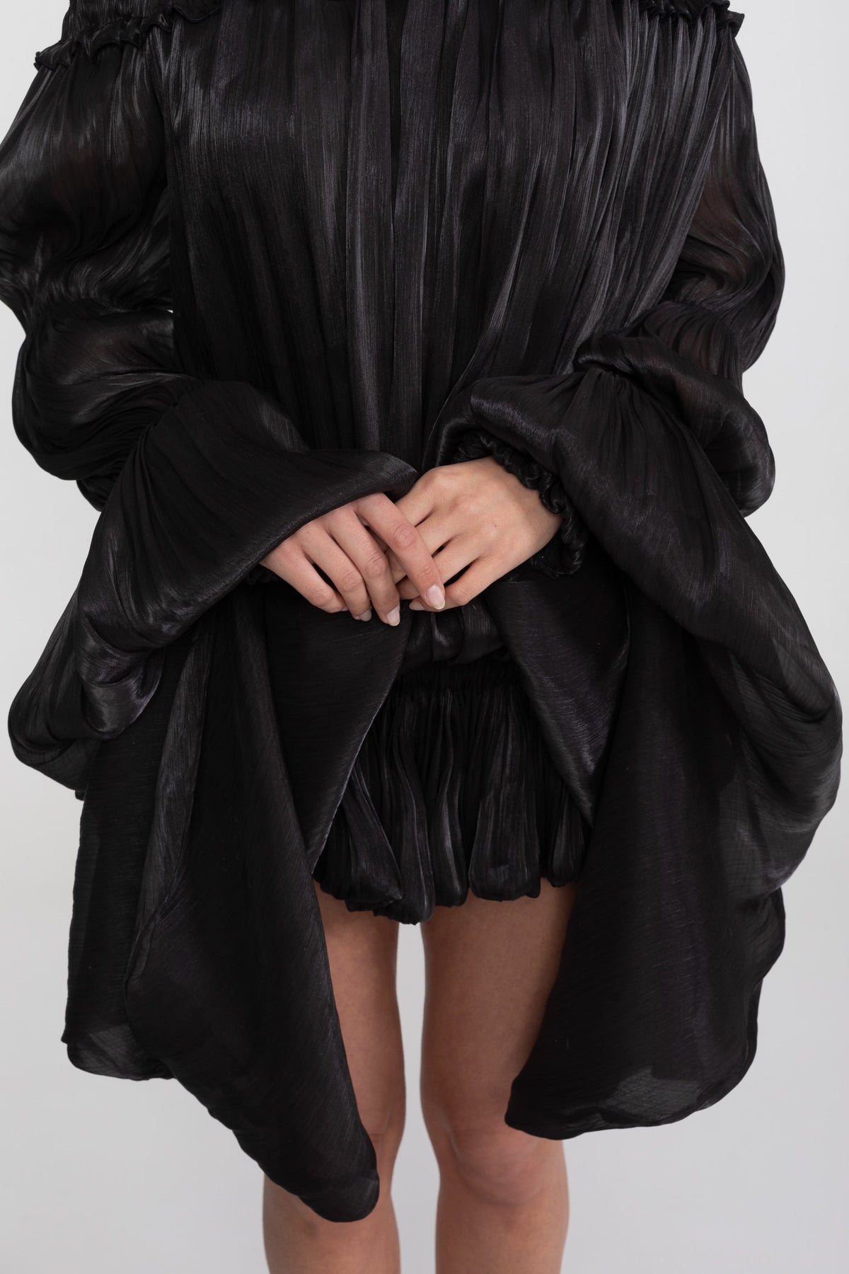 Off-Shoulder Corset Bodice Ruffle Mini Dress with Draped Sleeves – Black – view 7