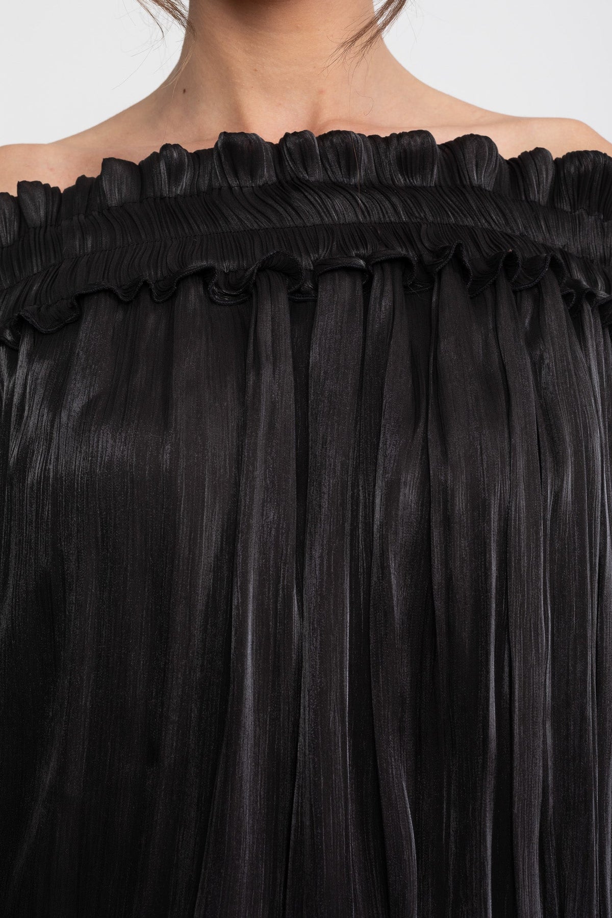 Off-Shoulder Corset Bodice Ruffle Mini Dress with Draped Sleeves – Black – view 8