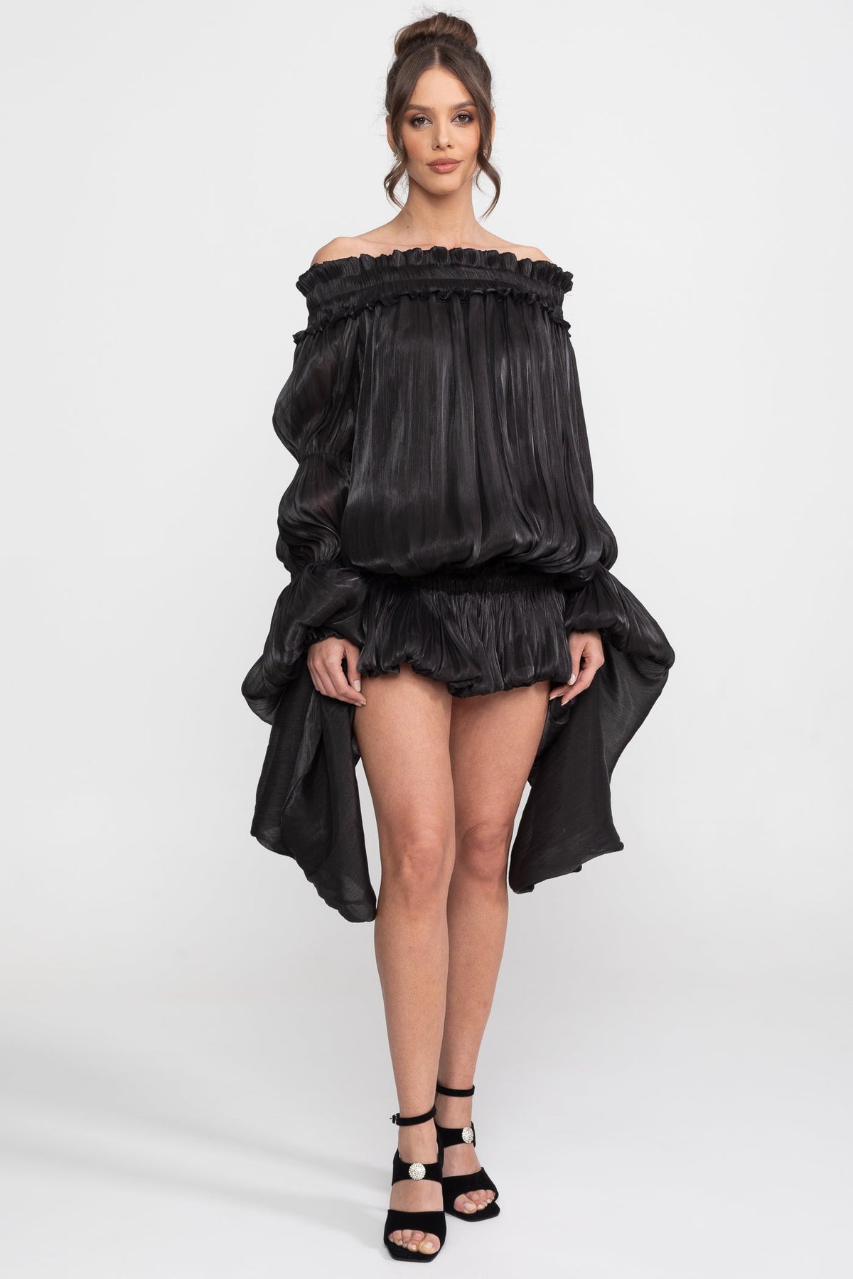 Off-Shoulder Corset Bodice Ruffle Mini Dress with Draped Sleeves – Black – view 3