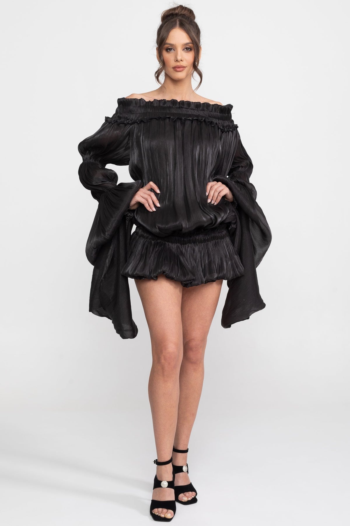 Off-Shoulder Corset Bodice Ruffle Mini Dress with Draped Sleeves – Black – view 4