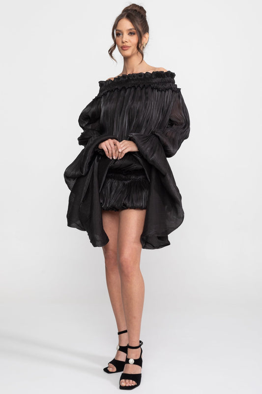 Off-Shoulder Corset Bodice Ruffle Mini Dress with Draped Sleeves – Black – view 2