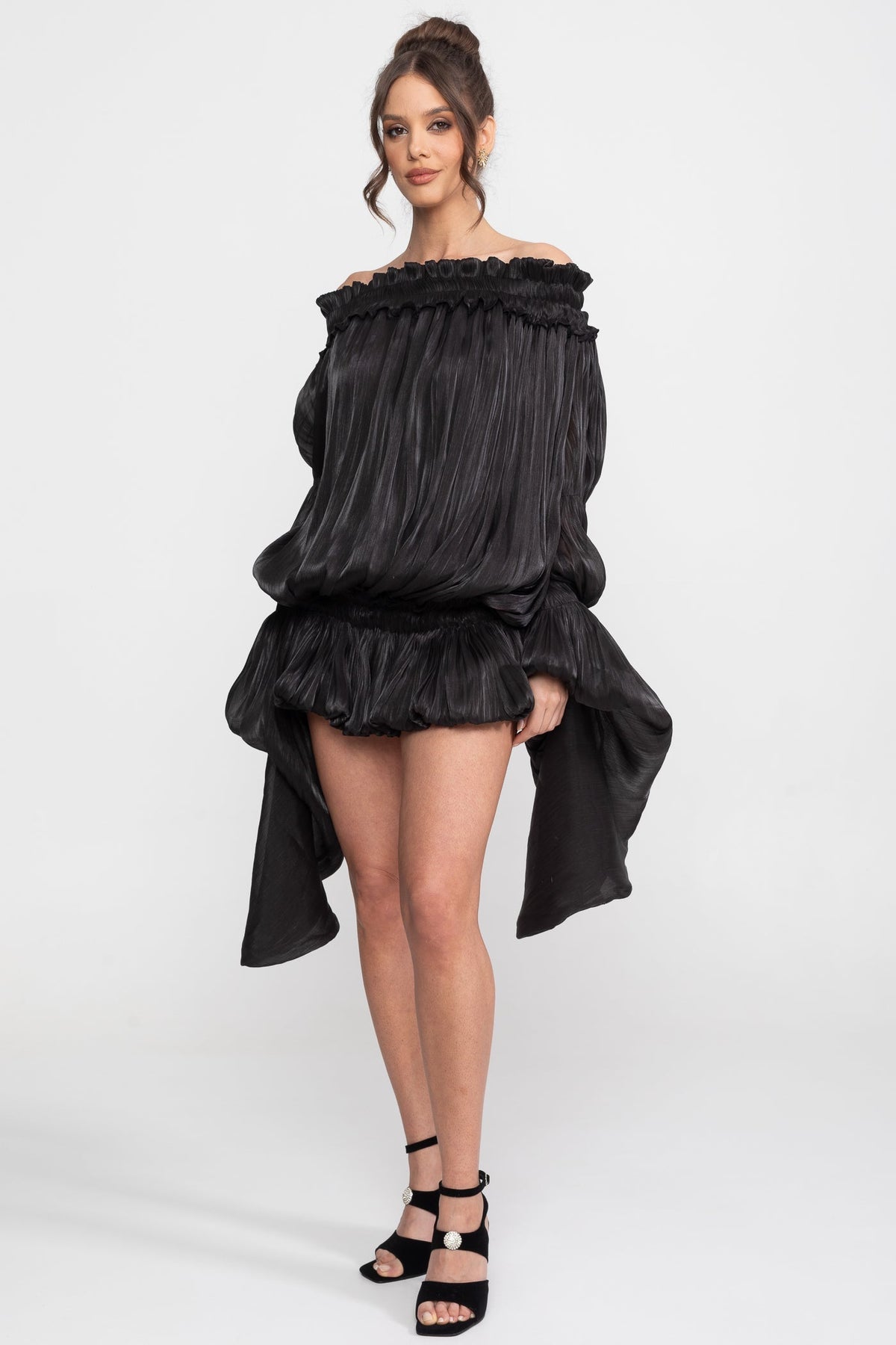 Off-Shoulder Corset Bodice Ruffle Mini Dress with Draped Sleeves – Black – view 5
